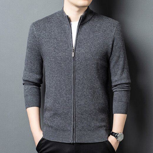 LILANG new autumn and winter woolen sweater jacket solid color knitted cardigan pure wool thickened warm woolen sweater men's black S 165