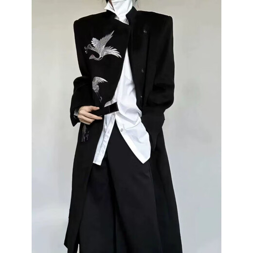 The new Chinese style men's crane embroidered woolen coat men's autumn and winter hidden button mid-length stand-up collar windbreaker jacket suit Crane embroidered jacket + white bottoming shirt + black trousers M recommended 90-105 Jin Jin equals 0.5 kg