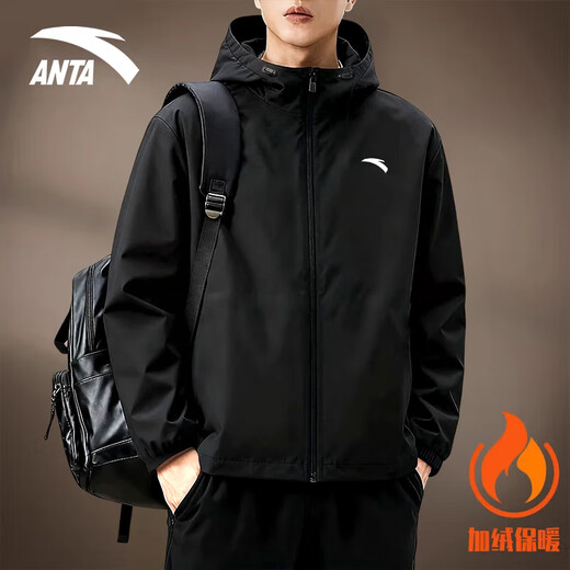 ANTA velvet jacket for men 2025 autumn and winter new waterproof men's high-end assault jacket sports hooded windbreaker for men black (velvet style - hooded woven jacket) L /175 (120-140Jin Jin equals 0.5 kg)