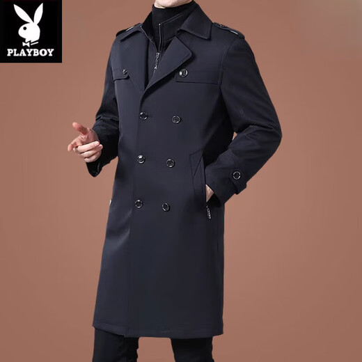 Playboy (PLAYBOY) fashion brand autumn and winter mid-length windbreaker for middle-aged and elderly men thickened removable wool liner business jacket trendy khaki long XL 180 size 145-165Jin Jin is equal to 0.5 kg