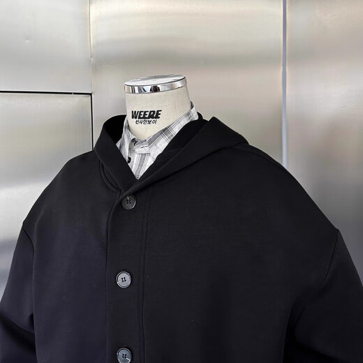 Vimadtly retro 350g air layer henley collar loose hooded sweatshirt men black S