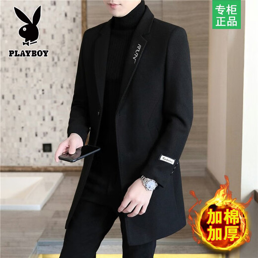 Playboy autumn and winter men's windbreaker mid-length Korean style slim woolen men's coat handsome high-end long woolen coat F81 black cotton thickened 2XL (130-145Jin Jin equals 0.5kg)