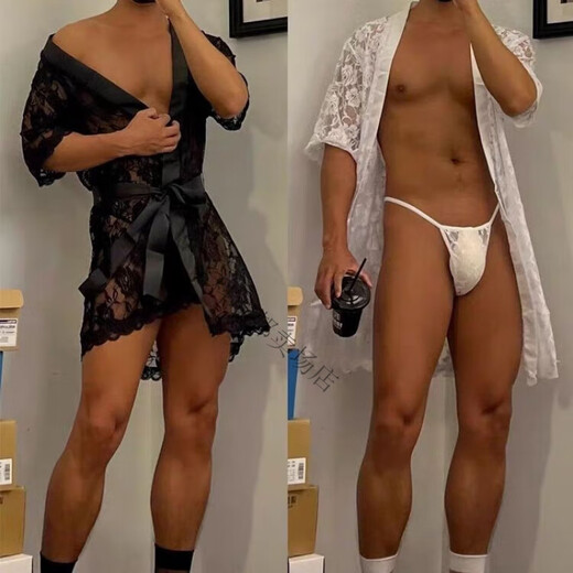 Sm Shameful Thong Thin Men's Lace Pajamas Thong Set Loose Breathable Kimono Bath Black Lace Bathrobe + Thong S