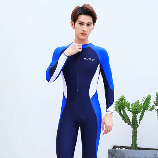 Dianruo one-piece swimsuit men's long-sleeved trousers suit sun protection quick-drying swimming training slimming surf suit summer full body soak one-piece navy blue and white L