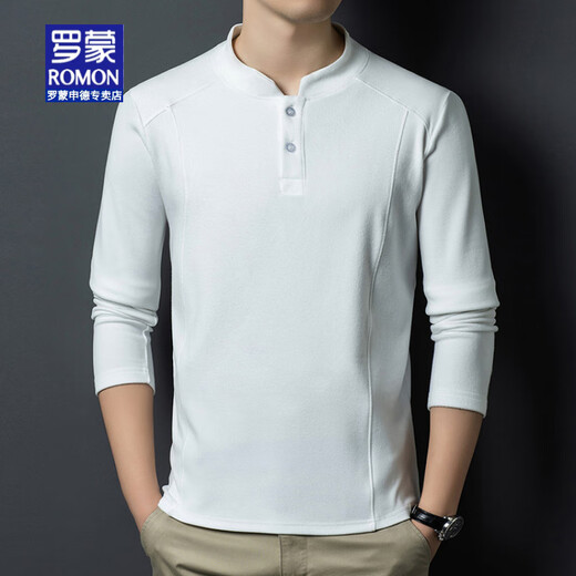 ROMON brand autumn and winter double-sided German velvet bottoming shirt men's Henry collar trendy versatile long-sleeved T-shirt stand-up collar sweatshirt for men white L