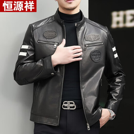 Hengyuanxiang Haining first layer cowhide leather jacket men's leather jacket short stand collar spring and autumn handsome motorcycle riding jacket black regular L 50 125-140Jin Jin equals 0.5 kg