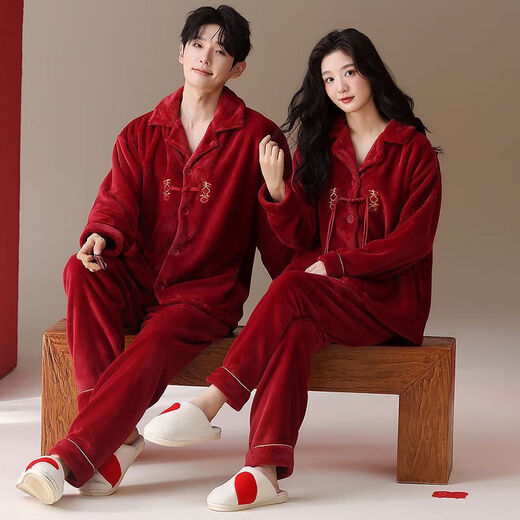 Victoria style coral pajamas for couples red newlywed flannel zodiac year home clothes for men autumn and winter wedding thickened suit A58772 female 58771 male M female