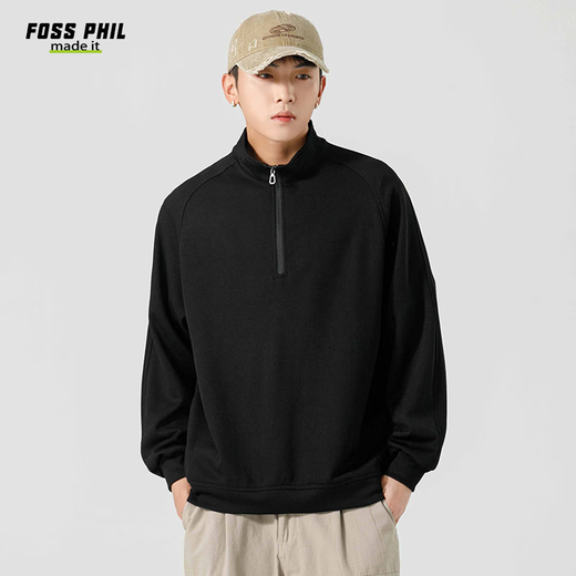 Foss Phil毛衣男秋冬季休闲半拉链立领纯色套头针织衫百搭上衣2444黑色2XL