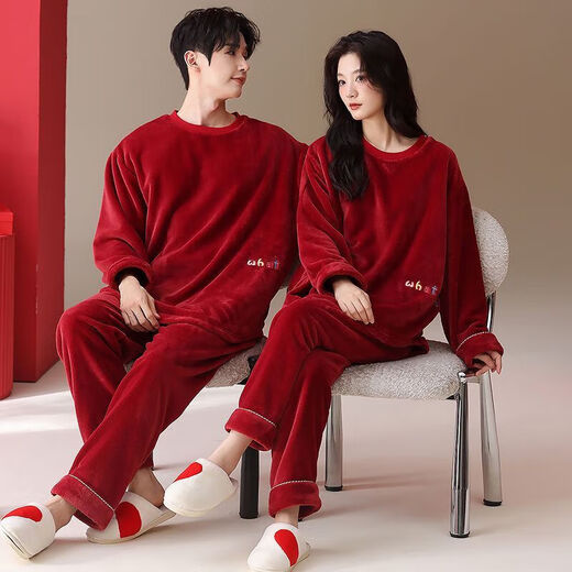 Victoria style coral pajamas for couples red newlywed flannel zodiac year home clothes for men autumn and winter wedding thickened suit A58772 female 58771 male M female