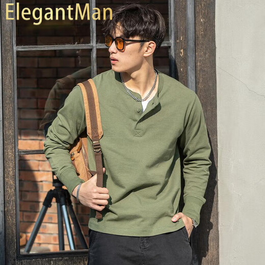 ElegantMan American Retro Henley Long Sleeve T-Shirt Men's 250g Cotton Side Seamless 2025 Winter Henley Collar Bottoming Shirt Green_ 250g Heavy Cotton S _Reference-125Jin Jin is equal to 0.5 kg