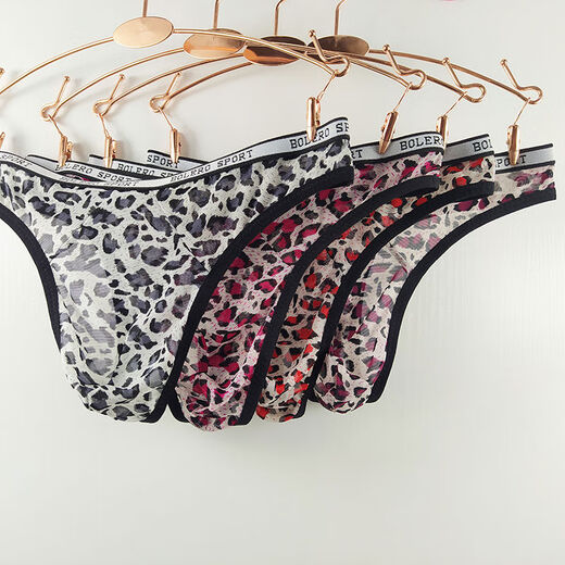 Men's sexy leopard print underwear men's low-waist transparent mesh breathable thong youth summer pure lust style thong red M
