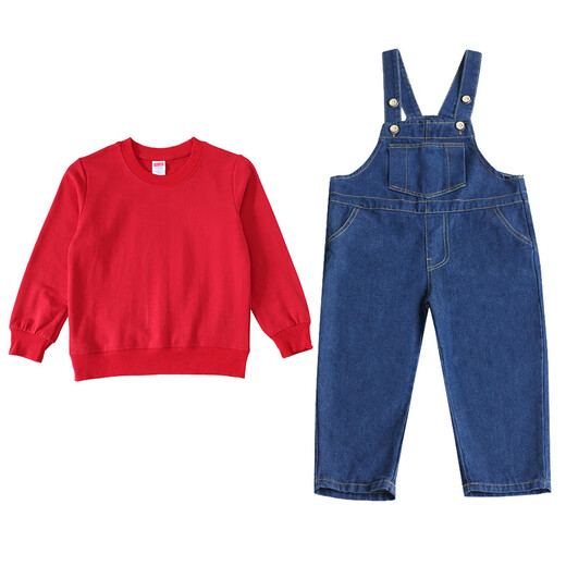 New Year's Day Mario cos costume children's overalls Halloween costume cosplay Mary costume red sweatshirt + denim overalls 110 cm