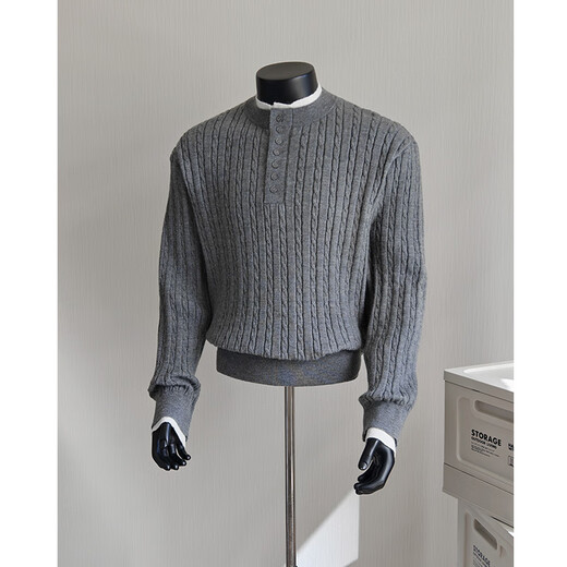 BULLDAMAN old money style Henry collar fake two-piece sweater for men winter new casual commuter style bottoming sweater dark gray S