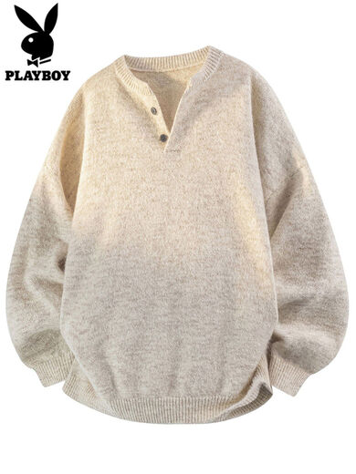 Playboy Henry Collar Sweater Men's Cardigan Sweater Autumn and Winter New Style Thickened Bottoming Sweater Men 0051 Oatmeal Gray S S