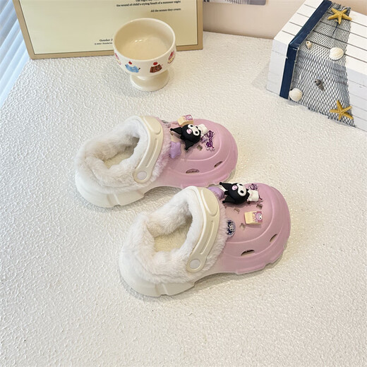 Children's cotton slippers, non-slip, warm, cute cartoon Kuromi girls' slippers plus velvet clogs, indoor and outdoor shoes, purple, size 28-29, inner length 18cm