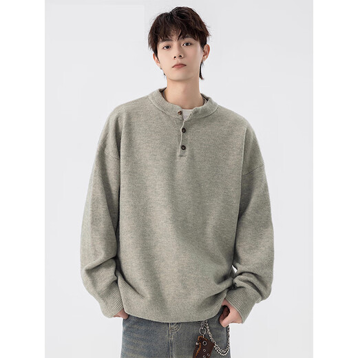 Cotton Snow Gray American Henley Collar Sweater for Men Autumn and Winter 2025 New Thick Warm Sweater Jacket with Sweater Inside Light Gray XL 170CM-182CM