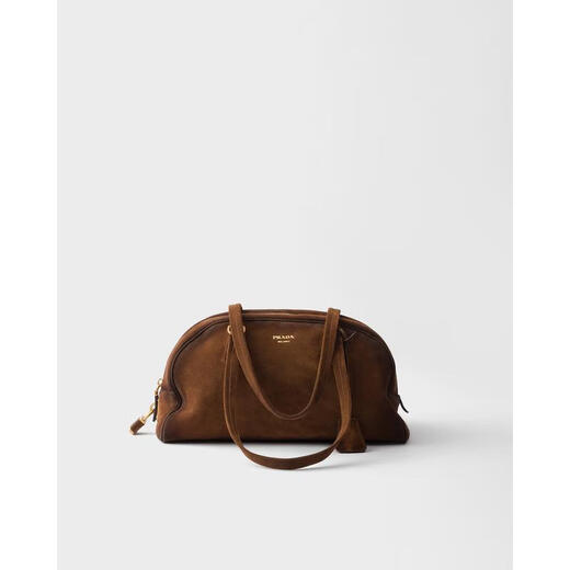 PRADA FW25 Light Luxury Women's Brown Suede Medium Bowling Shoulder Bag Brown One Size