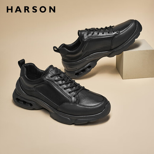 Hazen genuine leather men's shoes, autumn and winter velvet sports leather shoes, men's all-match heightening thick sole first layer cowhide men's business casual shoes, black 42 standard leather shoe size