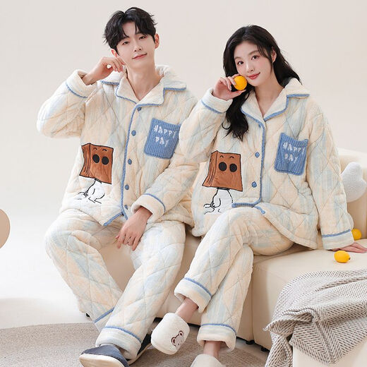 Victoria's style quilted couple's pajamas winter three-layer thickened warm coral velvet cotton home clothes for men and cute cotton jackets for women 7893 M Women