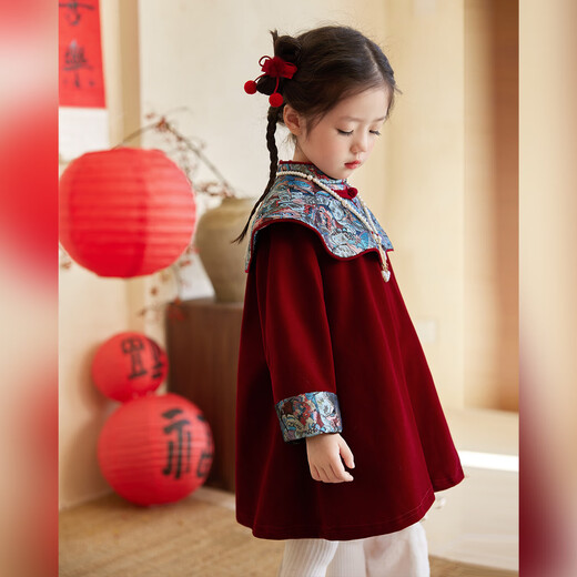 LUSON Children's Clothing Baby Girl New Chinese Style Cloud Shoulder Red Dress 2026 New New Year Velvet Skirt New Year's Eve Clothing