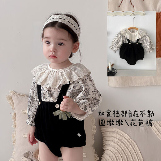Wujiang Miaopin Baby Autumn Clothes for Girls, Autumn Floral Tops, Overalls, Bags, Sweet and Fashionable Romper Suits, Doll Collar Floral Tops + Overalls, Flower Pants, 66cm 66cm* Approximately 1-4 months, 10-14 Jin Jin is equal to 0.5 kg