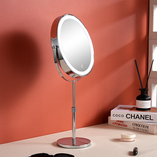 DYQT Liftable LED Makeup Mirror Double-sided Makeup Mirror with Light Desktop Mirror Desktop Light Beauty Mirror Adjustable Brightness 7-inch Straight Rod Flat + 5x Magnification Rechargeable Three-tone Lighting
