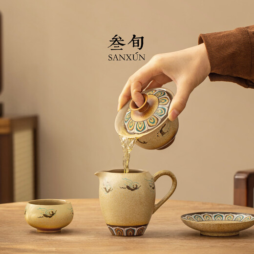 Dunhuang Feitian Cultural Creation Sancai Gaiwan Teacup Kung Fu Tea Set High-end Household Ceramic Tea Bowl Three-piece Gift Box Dunhuang Feitian_Juxiang Gaiwan