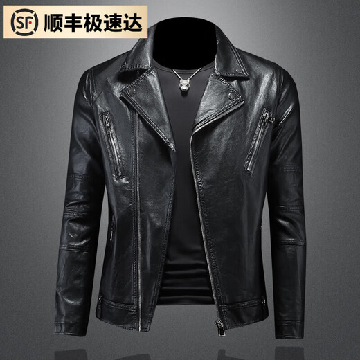 VDJFA2025 Autumn New Lapel Motorcycle Leather Jacket Men's Casual Jacket Youth Slim Trendy Cycling Leather Jacket Black XL