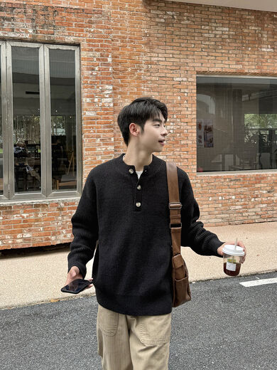 Xiaohongshu's same style black Henry collar half cardigan sweater for boys 2025 new autumn loose and versatile lazy style black half cardigan sweater M M model upper body size