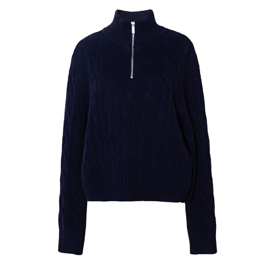 ROEYSHOUSE half-zip stand-up collar twist Raffia knitted sweater for women winter light luxury 100% sheep wool sweater top 13176 dark blue M (applicable to normal S/M size)