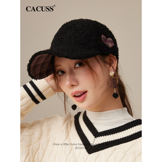 CACUSS Teddy Velvet Baseball Hat Women's Winter Fashion Antique Warm and Cold-proof Plaid Face Revealing Small Versatile Peaked Cap Black_ Sweet and Cool Antique Style Adjustable (57-59cm)