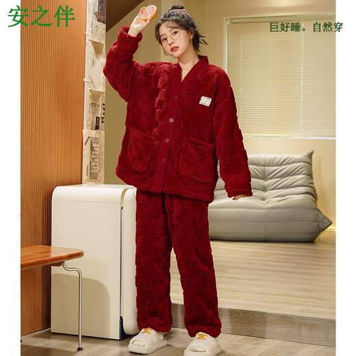 Anzhiban couple pajamas autumn and winter women's coral velvet red wedding newlywed animal year suit men's winter plus velvet S7910 female M