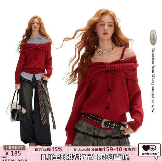 UNIFREE Pure Desire Gentle Wool Sweater Women's 2025 Autumn and Winter New One-shoulder Sweet and Age-Reducing Red One Size