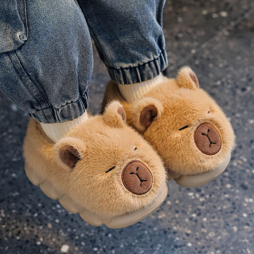 Bermuda Qingchen Kapibara children's cotton slippers girls bag heel winter home home indoor baby plush warm parent-child cotton shoes for men light coffee Kapibara 34-35 inner length about 21cm