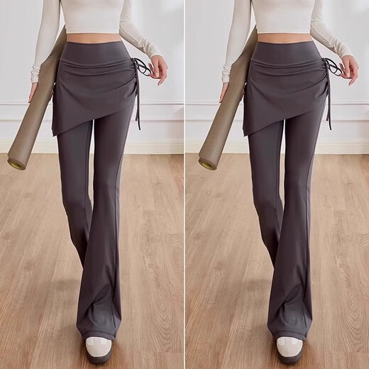Micro-flared yoga pants for women, fake two-piece skirt, butt curtain, high-waisted butt-lifting sports fitness pants, Pilates training clothes, dark gray + dark gray, two-piece set 3XL