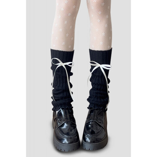 Shiganu long bow knitted socks for women autumn and winter thickened leg warmers black long pile socks jk Japanese socks black socks 40cm + white bow