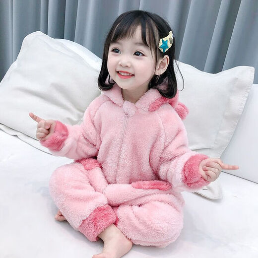 Children's one-piece pajamas autumn and winter thickened velvet warm sleeping bag for boys and girls belly protection plush warm home clothes pink 120