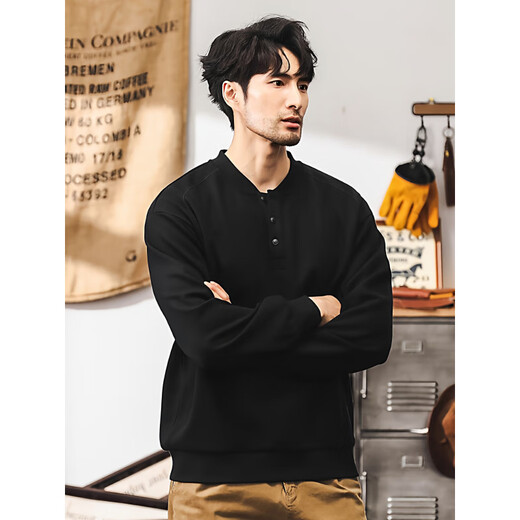 Cardano Warm Autumn American Retro Heavy Sweatshirt Men's Autumn Trendy Henry Collar Half Cardigan Jacket Men's Spring and Autumn Style Long Sleeve PO Black _ 350g Heavy M _Suitable for 100-125Jin Jin is equal to 0.5 kg