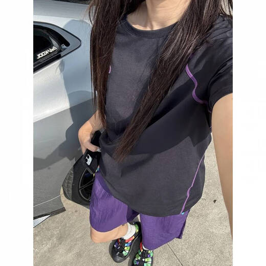 Nanbo Maru outdoor sunscreen badminton quick-drying dry clothes women's short-sleeved T-shirts for small people to wear mountain cycling clothes sportswear two-piece set black quick-drying_drying T-shirt + purple quick-drying_drying shorts M_100-115Jin Jin equals 0.5 kg