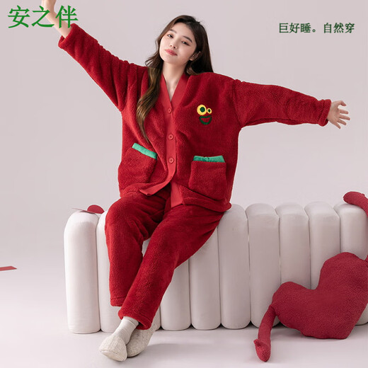 Anzhiban couple pajamas autumn and winter women's coral velvet red wedding newlywed animal year suit men's winter plus velvet S7910 female M