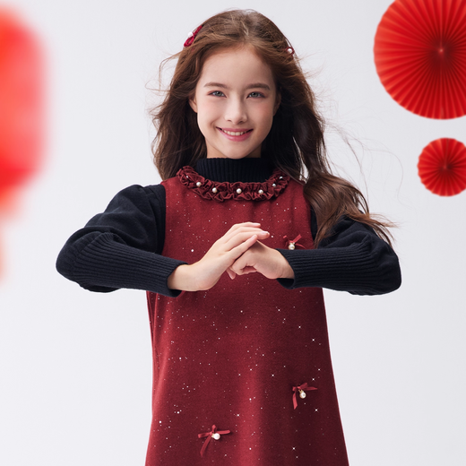 Disney (Disney) girls red dress winter children's sundress straight skirt middle and older children's New Year's clothing parent-child New Year's greetings clothing 160