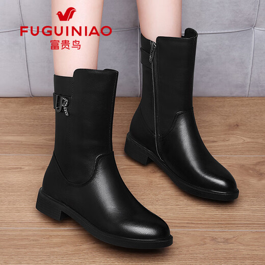 Fuguiniao boots women's mid-calf boots genuine leather Martin boots autumn and winter plus fleece warm short boots plus fleece 37