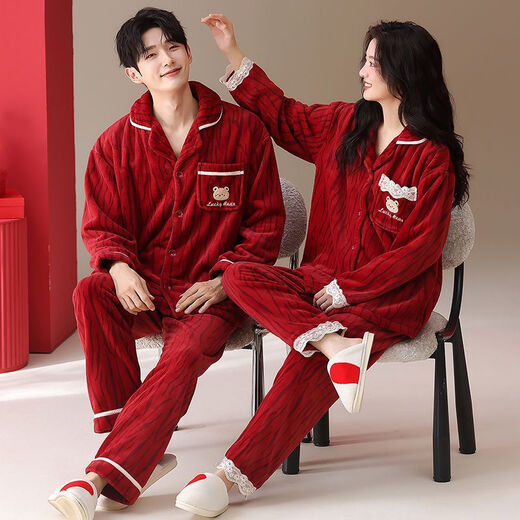 Victoria style coral pajamas for couples red newlywed flannel zodiac year home clothes for men autumn and winter wedding thickened suit A58772 female 58771 male M female