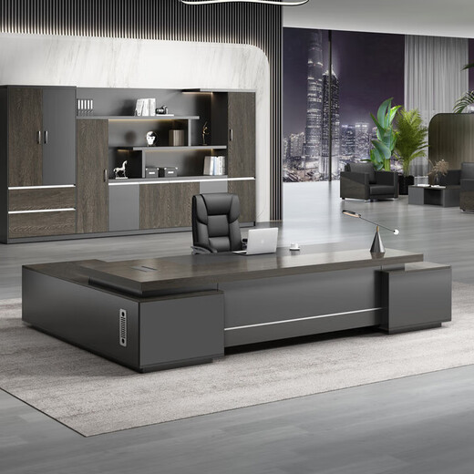 Boss desk office simple modern grand office desk fashion light luxury president desk manager desk supervisor desk ebony wood + iron gray 1.6 meters boss table including side cabinets