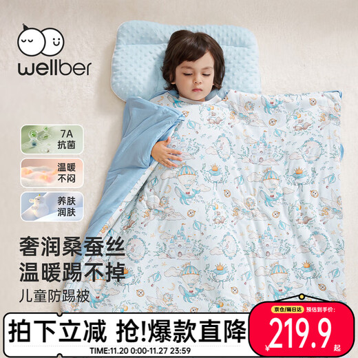 WELLBER Children's Anti-Kick Quilt for Big Children, Mulberry Silk Sleeping Bag for Baby, Autumn and Winter Thick Dreamland 100*160cm