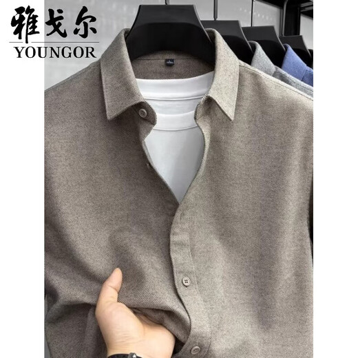 MAYOR Youngor woolen shirt men's long-sleeved spring and autumn thick solid color business casual men's men's top Khaki N-25148 M -48 recommended 100-125Jin Jin equals 0.5 kg