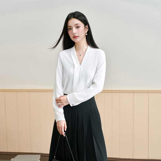 Lady Bird white V-neck shirt women's light workplace commuting wear long-sleeved top business formal wear with chiffon shirt