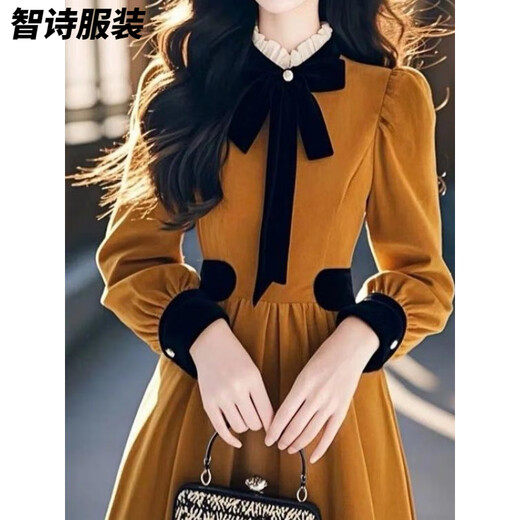 Meianjia thickened velvet and super beautiful yellow velvet dress women's spring, autumn and winter dress French slim bottoming long skirt Velvet dress thickened/style 2XL