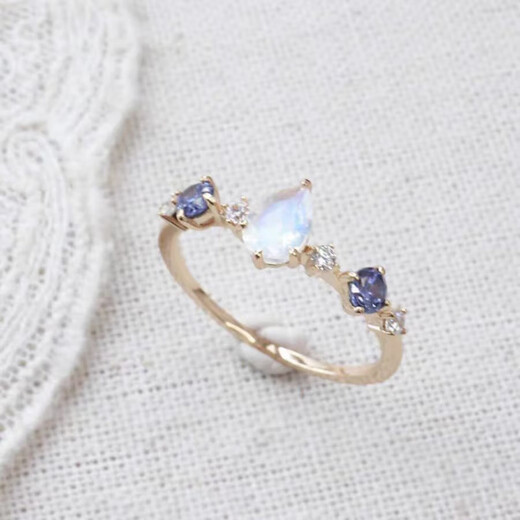 Fat Donglai's same style tanzanite ring Japanese niche same style natural moonstone water drop with high temperament open adjustable ring