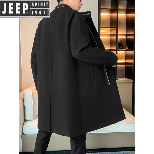 JEEP SPIRIT Spring and Autumn Zipper Design Stand Collar Woolen Windbreaker Men's Mid-Length Thick Casual Woolen Coat Jacket Trendy Coffee and Cotton 2XL
